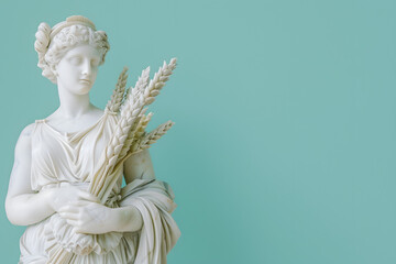 Marble sculpture of a Greek goddess of the harvest, holding sheaves of wheat, isolated on a fertility mint pastel background, symbolizing abundance and nature