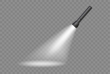 Flashlight on a transparent background. Shine lighting torch. Vector