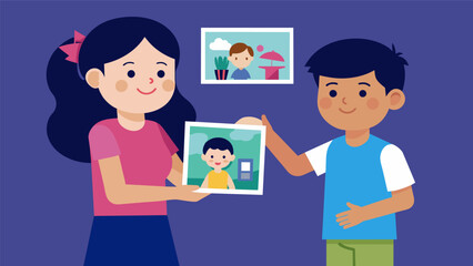 A sister presenting her brother with a collage of childhood memories as a gesture of appreciation on this special day.