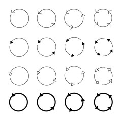Set of circle arrows isolated. Circular Rotate arrow and spinning loading symbol. Different circular arrows of black color, different thickness and size. Vector