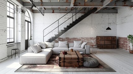 Stylish Scandinavian loft interior with minimalist design, bright white walls, and cozy furnishings