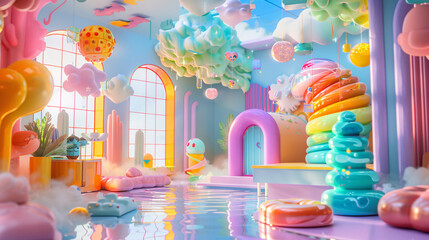 a room with colorful objects and a pool