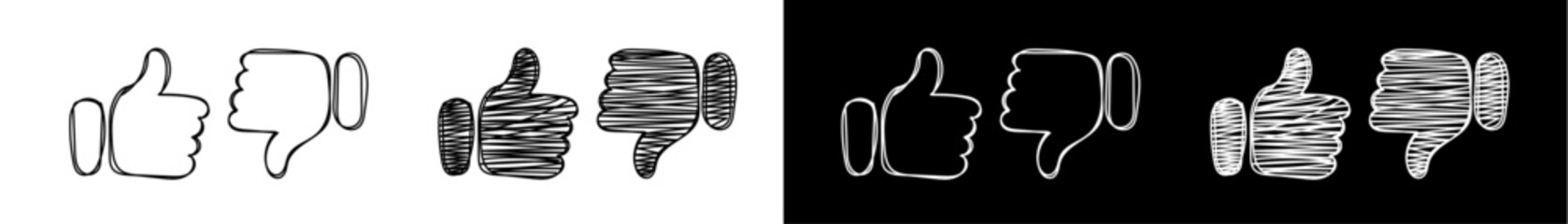 Doodle like and dislike. Hand drawn black and white line like and dislike. Thumb up line