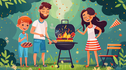 A happy family is roasting a delicious barbecue on the background of summer nature decorated with balloons and flags of America. The concept of celebrating Independence Day on July 4th. Illustration
