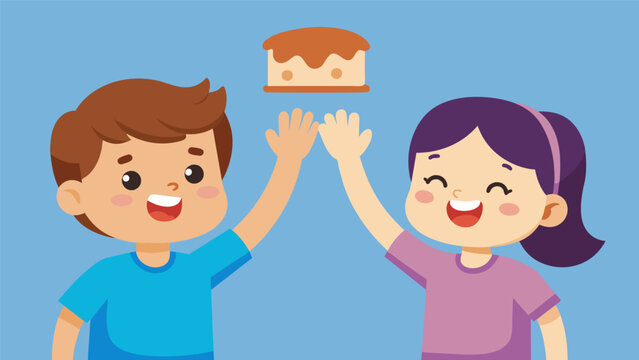 Two kids highfiving each other over their shared victory of creating the best peanut butter and jelly sandwich.