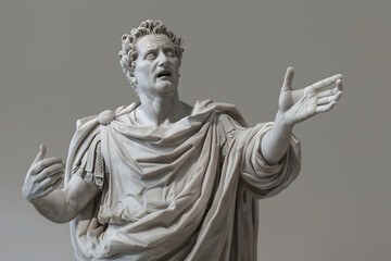 A sculpture of a Roman senator in oration, authoritative and expressive, set against a governance grey pastel background, representing leadership and rhetoric