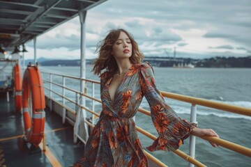 An introspective woman in a floral dress leans against the railing of a ferry, with a thoughtful expression