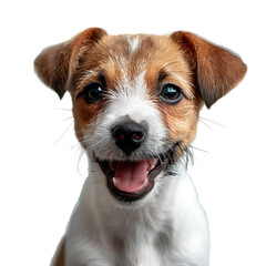 A happy Jack Russell Terrier puppy isolated on a white background with copy space