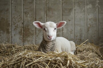 Frontal view of a young lamb in a shed with cement walls and straw bedding. Ideal for agricultural or livestock-related promotions with ample copy space on the right