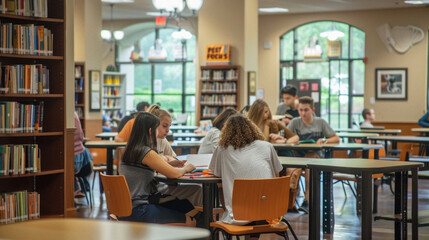 A group of people are sitting at tables in a library