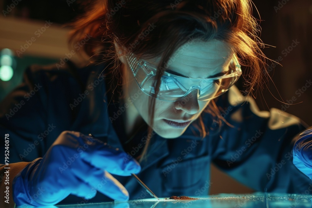 Poster a focused scientist wearing protective gear working on an experiment in a modern laboratory setting