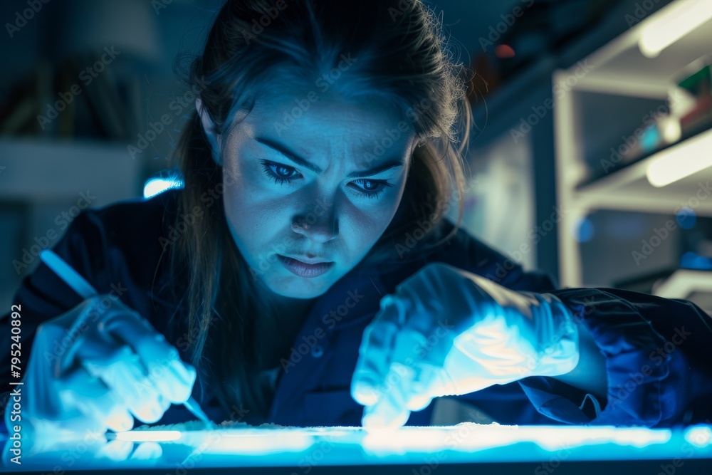 Poster an intensely focused woman examines something critically in a high-tech lab setting