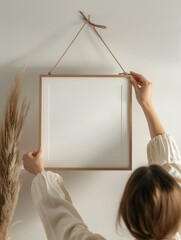 Woman Hanging Blank Frame on Wall with Decor