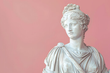 A sculpted figure of a Roman empress, regal and poised, isolated on a royalty pink pastel background, highlighting elegance and authority