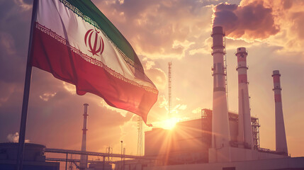 Iranian flag flying amidst industrial landscape: concept of Iran's nuclear program