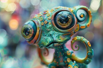 Alien-like figure with turquoise and orange colors, hypnotic patterns, and intricate design stands out against a soft-focus, colorful backdrop