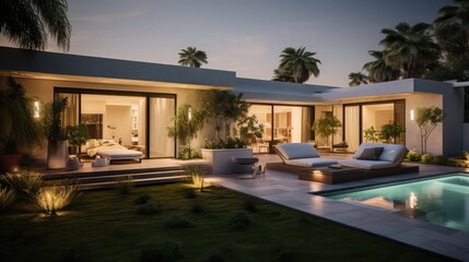 Fototapeta premium Gorgeous, brand-new, serene, contemporary house with private patio and garden