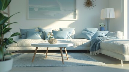 Bright and airy Scandinavian living room with minimalist design and cozy blue accents