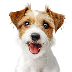  the face and head onlybwith its mouth open smiling of a white dog in front view on a white background