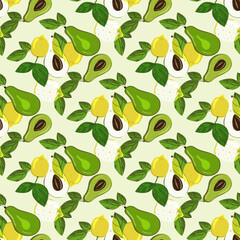 Ripe, juicy avocado and lemon with
leaves, seamless geometric pattern, vector. Hand drawn doodle style. Design for printing on fabrics, holiday and confectionery packaging, wallpaper, packaging 