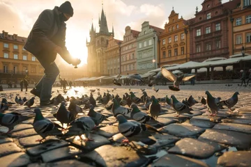 Fotobehang An individual interacts with a flock of pigeons on a cobblestone square during golden hour © ChaoticMind