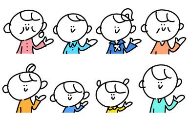 手描きの笑顔で手を上げる人々　シンプルで可愛い線画イラスト