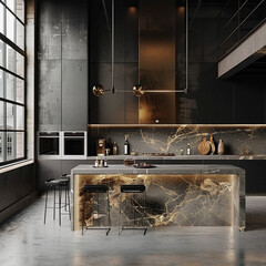 Opulent Nordic loft kitchen, matte black cabinets, golden accents, and a marble-clad island exuding luxury. Lavish in 8k. --v 6.0 - Image #3 @Muhammad Aoun