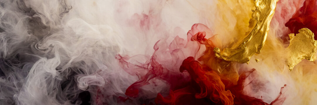 Abstract banner background featuring a blend of smoky red, yellow and white colors in a marble liquid pattern. Fluid smoke painting with a marbled effect.
