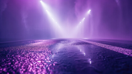 A blurry image of a wet road with purple lights in the background