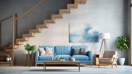 Interior of modern living room with wooden stairs and blue sofa 3D rendering - obrazy, fototapety, plakaty