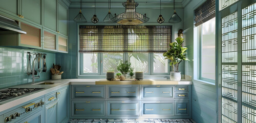 Serene China-style kitchen in misty blue and bamboo green, incorporating screen patterns.