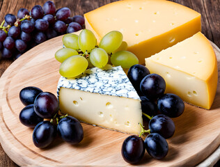 Cheese collection, Grapes and blue cheese on wooden background. Blue cheese.