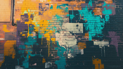 Splashes of paint on a brick wall, with a mix of bold and subtle colors, creating an urban art vibe, the scene is set in an 