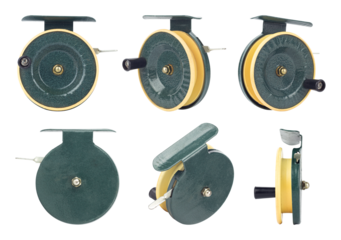 set spinning fishing reel, old fishing reel isolated from background	