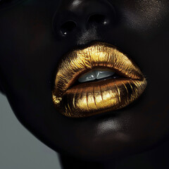 gros plan sur le visage d'une femme africaine aux lèvres recouverte de feuille d'or