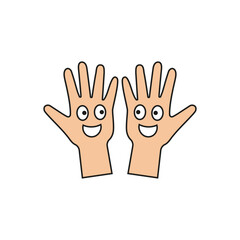 Two palms of hands together with cartoon faces smiling at each other. Color vector illustration.