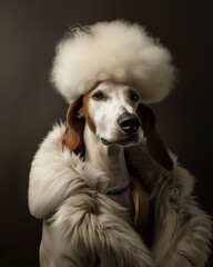 A fashionable female Poodle dog posing as a charismatic diva, stylish and classy, dressed like a rich and elegant human celebrity - 795244025