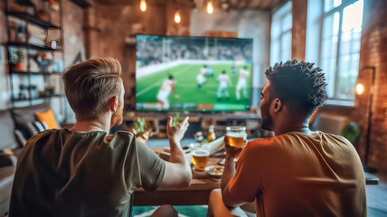 A group of young people spend the evening at home, enjoying watching a football match on TV. They settled comfortably on the couch, completely immersed in the atmosphere of the game. - obrazy, fototapety, plakaty
