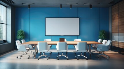 Inside a contemporary conference room featuring a wooden floor, blue walls, and a huge conference table with white seats and a TV. 3D illustration