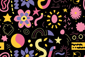 Fun shapes children seamless pattern. Flower geometric neon bright color funky groovy 90s cartoon isolated print pattern. Vector illustration on black background