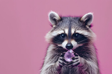 A raccoon as a skilled jeweler, examining a gemstone closely, set against a solid purple background