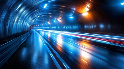 Fototapeta premium Capturing the dynamic light trails of speeding vehicles in an illuminated urban tunnel at night using long exposure