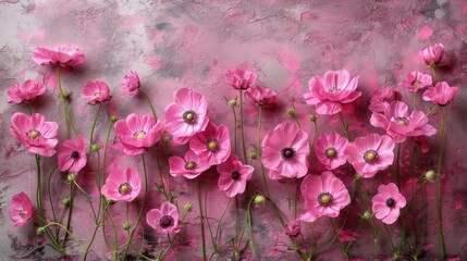Beautiful pink cosmos flowers in full bloom set against a textured pink and gray background, creating an elegant contrast