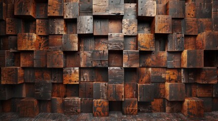 Close-up of wooden wall adorned with numerous cubes