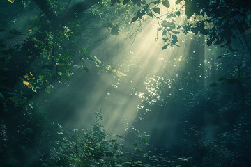 An enchanting image of a forest bathed in dappled sunlight, with rays filtering through the dense...