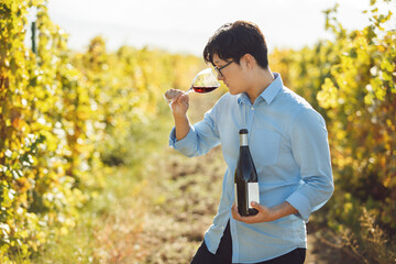 Obraz premium Expert Sommelier Evaluating Red Wine Quality in Sunlit Vineyard During Harvest Season