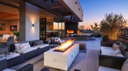 Luxurious modern outdoor terrace with evening ambiance, featuring a cozy firepit and comfortable seating