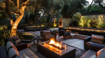 Fototapeta premium Elegant outdoor terrace with Art Deco elements, cozy seating and mood lighting