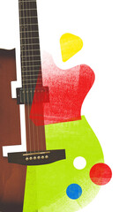 Poster. Contemporary art collage. Acoustic guitar with drawn elements on guitar's body. Creative musical expression. Concept of concert and parties, fusion of classic and modern art.