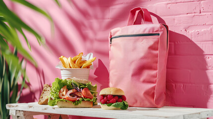 Bag and lunchbox with tasty food on white wooden table